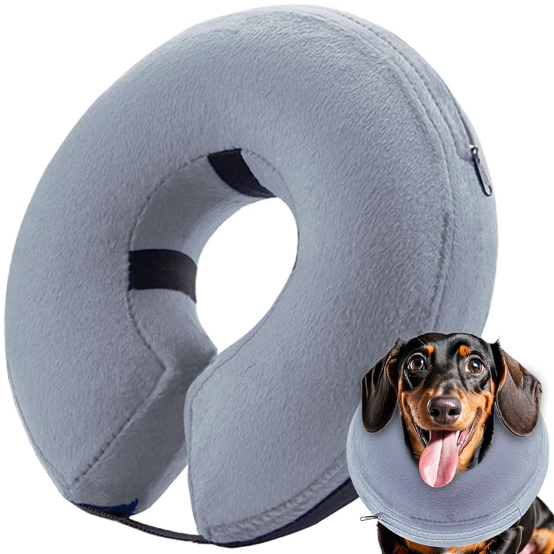 Inflatable Dog Cone Collar (M Size), Soft Blow-up Protective Recovery Dog Collar, Pet Donut Cone Collar, Comfy Elizabethan Collar After Surgery for Medium Dog to Prevent Biting Scratching, Grey [Neck: 8″-12″] Medium