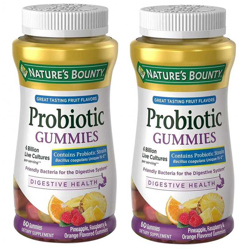 Nature’s Bounty Probiotic Gummies, Dietary Supplement, For Digestive Health, Natural Fruit Flavors, 2 Pack, 120 Gummies Pineapple, Raspberry & Orange 60 Count (Pack of 2)