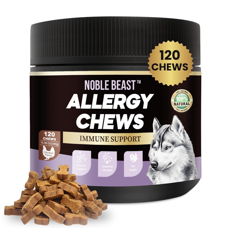 Noble Beast Dog Immune & Allergy Supplement – Itch Relief – Probiotics for Dogs – Skin & Seasonal Allergies – All Natural – Soft Chews with Hemp and Colostrum – Chicken Flavor – 120 Count
