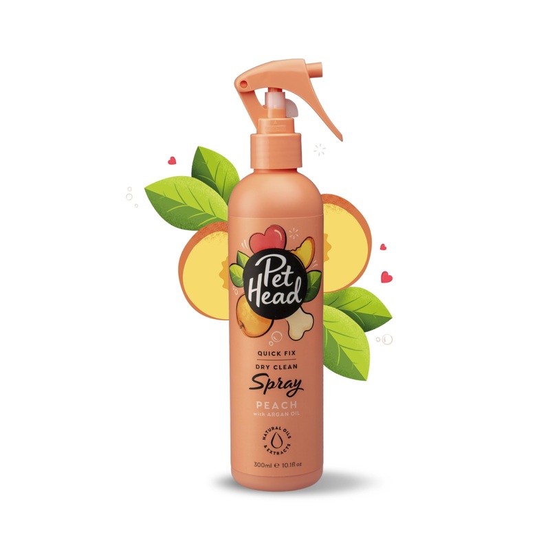 Pet Head Quick Fix Dog Dry Clean Spray | Peach Scent | Dry Dog Shampoo for Smelly Dogs | Nourishes and Softens Coat & Skin | Vegan | Gentle Formula for Puppies | Made in USA | 10.1 fl. oz.