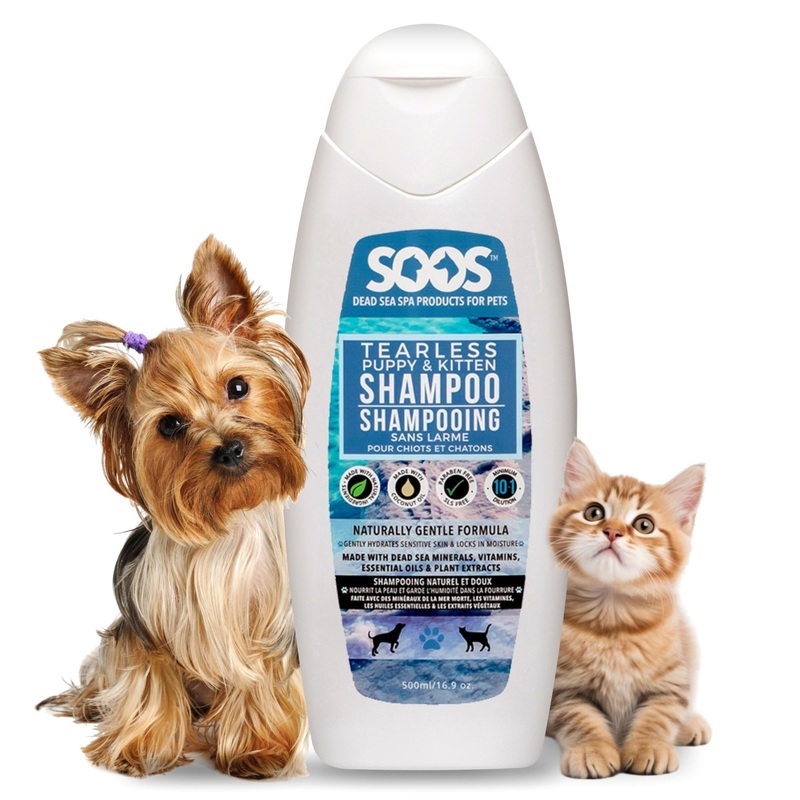 Soos Pet Tear-Less Shampoo for Puppies and Kittens | Natural Dead Sea Minerals | Fast Absorbing, Moisturizing, Gentle Skin Care | Vitamins & Essential Oils for Sensitive Skin – 500ml