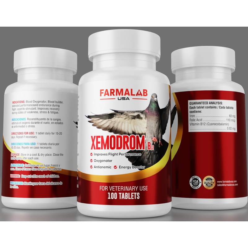 Xemodrom B-12 Supplement for Pigeons, 100 Tablets, Improves Flight Performance, Oxygenator, Antianemic, Energy Booster para Palomas Farmalab