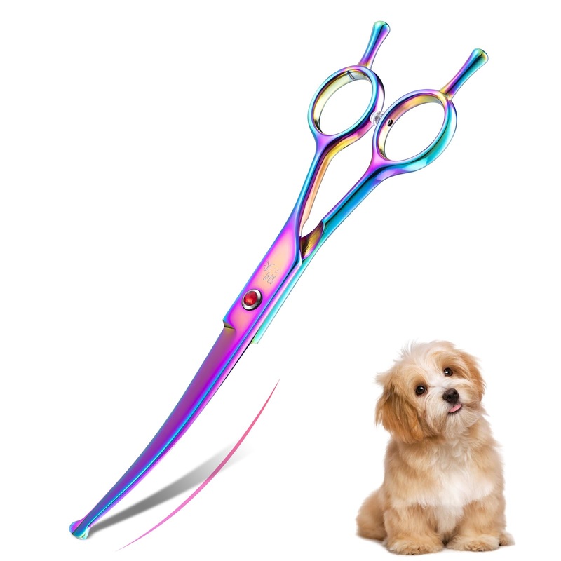 7″ Curved Dog Grooming Scissors with Safe Round Tip, Rainbow Pet Fur Scissors, Japanese Stainless Steel 440C, Sharp and Sturdy Grooming Shears for Novice and Professional Groomers Curved scissors
