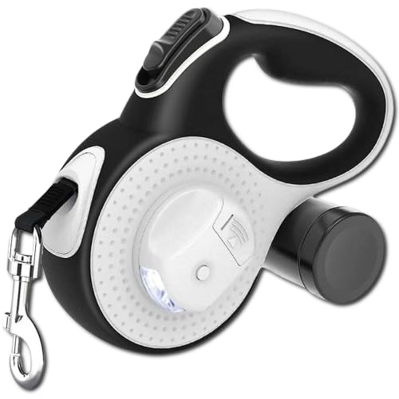 Best Dog Supplies 4-in-1 Anti Pull Retractable Dog Leash 26ft/8Meter with Flashlight and Poop Bag Dispenser for Medium Large Dogs – White