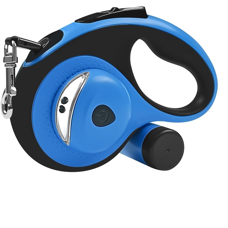 Best Dog Supplies Retractable Dog Leash with Waste Bag Dispenser and Flashlight, 26ft Dog Leash for Small Medium and Large Dogs up to 110lbs, One Button Break & Lock Soft Anti Slip Grip – Blue