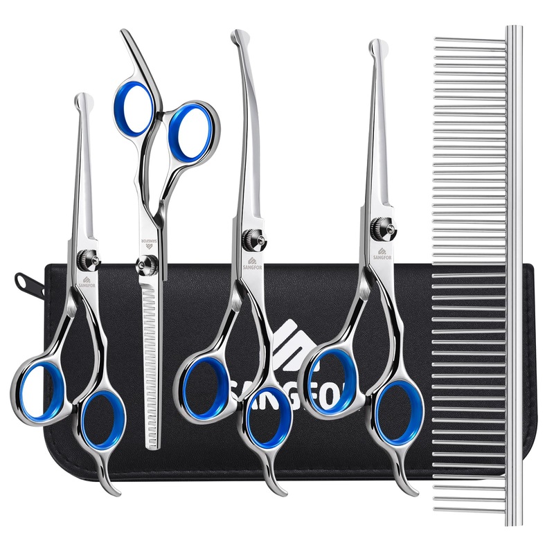 Dog Grooming Scissors, 6-in-1 Professional Dog Grooming Kit, 4CR Stainless Steel Dog Scissors for Grooming, Heavy Duty Grooming Scissors with Safety Round Tips, Pet Grooming Kit for Dogs at Home Blue