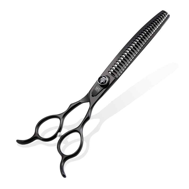 Dog Grooming Scissors: 7.5 inch Bright Black Professional Pet Curved Chunker Shears Made Of Japanese 440C Advanced Stainless Steel for Dogs Cats and Other Pets