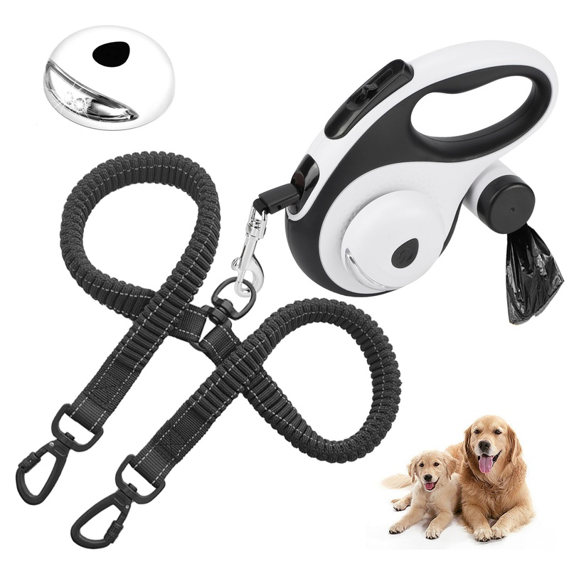 Dual Retractable Dog Leash for 2 Large Dogs (Up to 110 Lbs Each) – Double Headed 16 ft Extendable Pet Leash with Poop Bags and LED Light, One Button Break & Lock, 360 Tangle-Free (White, Large) White