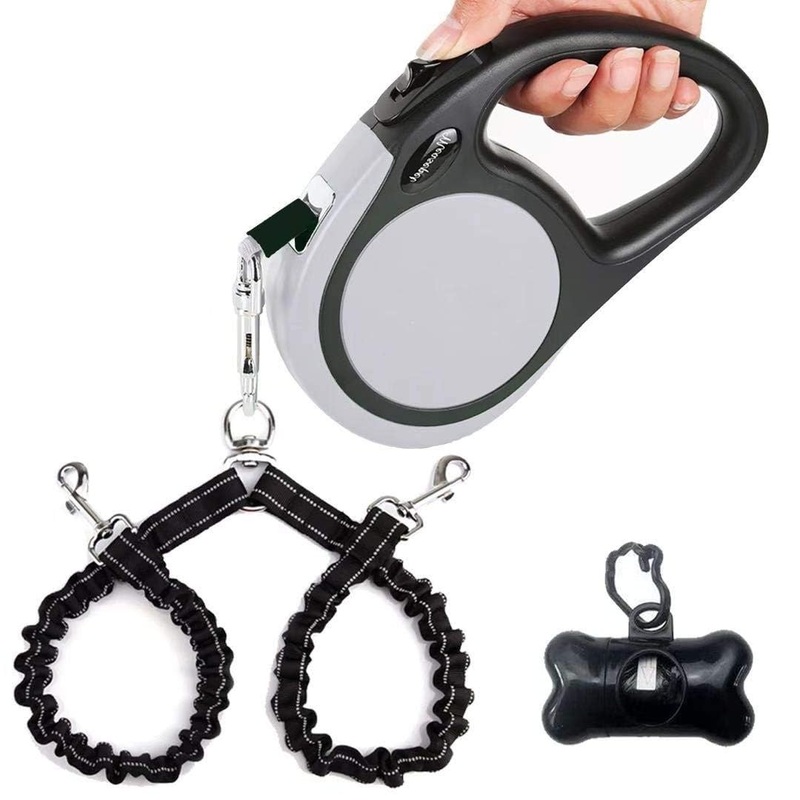 Dual Retractable Dog Leash for 2 Large Dogs (Up to 110 Lbs Each) – Double Headed 16 ft Extendable Pet Leash with Poop Bags, Non Slip Grip – One Button Break & Lock, 360 Tangle-Free (Gray, Large) Gray