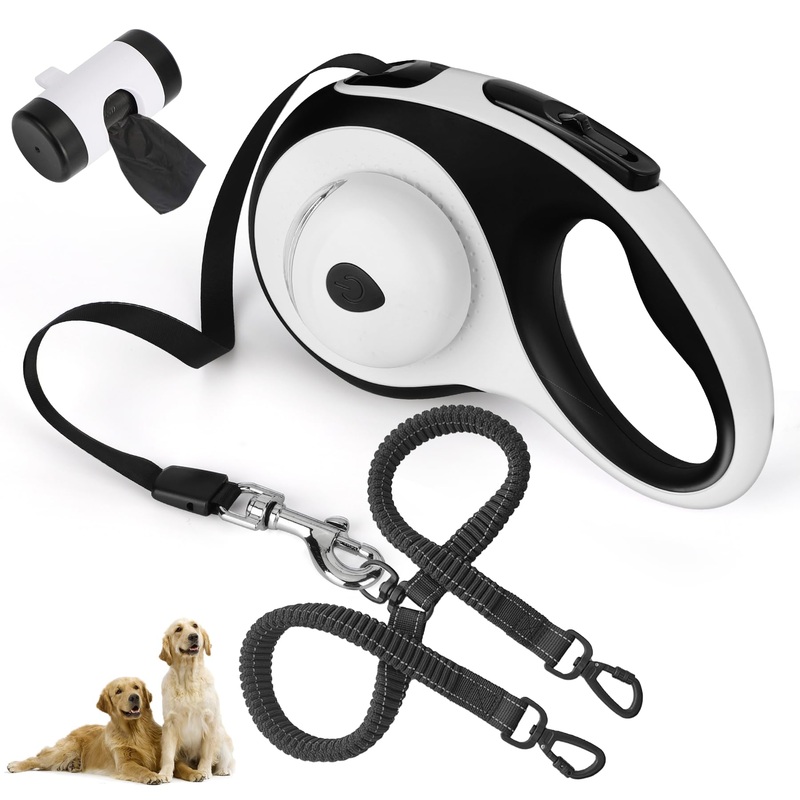 Dual Retractable Dog Leash for 2 Large Dogs (Up to 110LBS Each) – Double Headed Pet Leash with Poop Bags and LED Light, One Button Brake & Lock, 360 Tangle-Free (WHITE, LARGE) WHITE