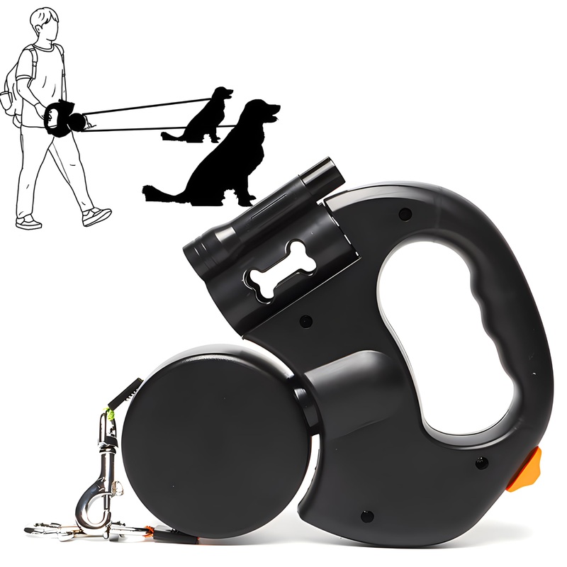Dual Retractable Dog Leash with LED Light,Anti-Slip Handle Dog Leash with 360 rotatable,Dispenser,Poop Bags,10ft Reflective Elastic Rope,Heavy Duty Double Dog Leash for for up to 25lbs Per Dog