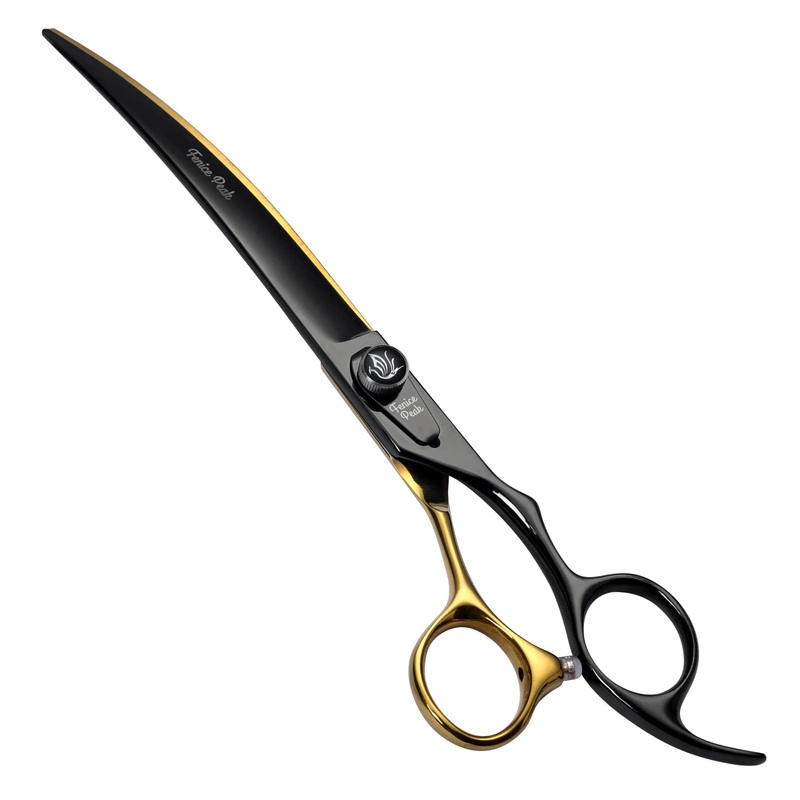Fenice Peak 7” Black Dog Grooming Scissors Goldern Curved Scissors with Ergonomic Offest Handle and Pattern Screw Pet Grooming Trimming Shears Durable and Sharp 440C 7”