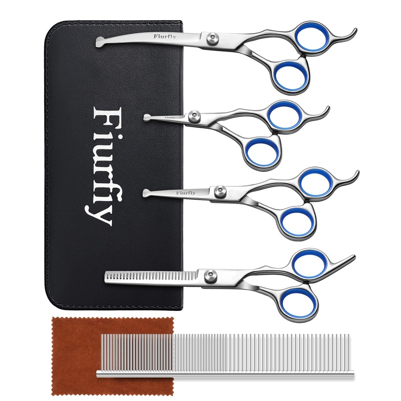 Furry Grooming Scissors with Safety Round Heads. Dog Grooming Scissors, 5CR 6 in 1 Dog Grooming Scissors, Curved Dog Grooming Scissors, Professional Pet Grooming Scissors Set for Dogs and Cats