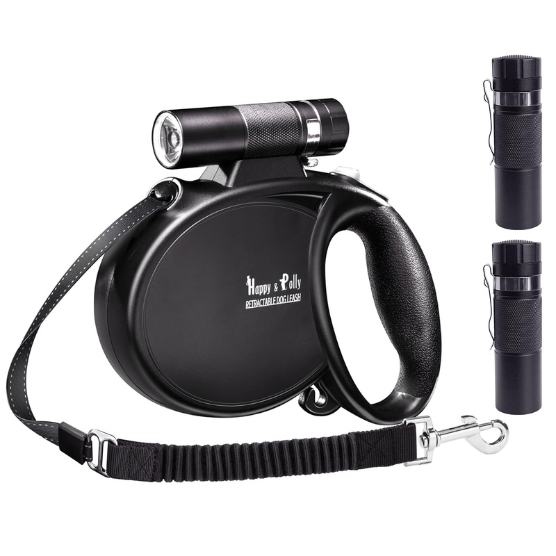 Happy & Polly 4 in 1 Dog Leash Retractable Dog Leash Heavy Duty 16.4 ft Dog Walking Leash with Flashlight Detachable/Protective Bungee Leash/Magic Box for Small Medium Dogs Black