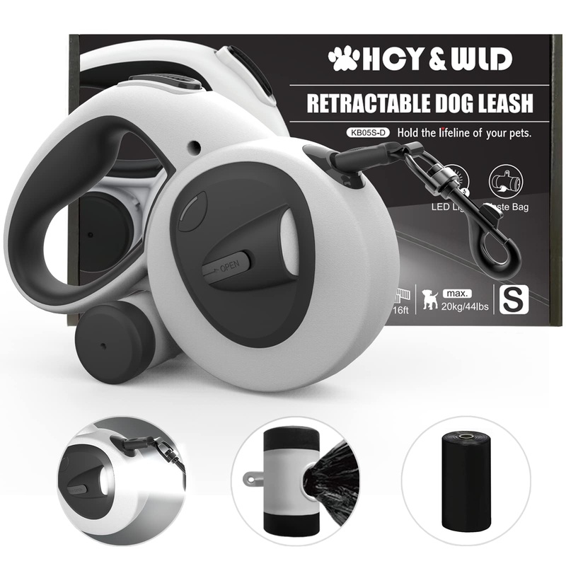 HCY&WLD Upgrade 4-in-1 Retractable Dog Leash with LED Light & Dispenser & Poop Bags, 16 ft Heavy Duty Dog Leash with Anti-Slip Handle for Dogs up to 44 lbs, 360 Tangle-Free, One Button Brake & Lock S – Max 44 lbs