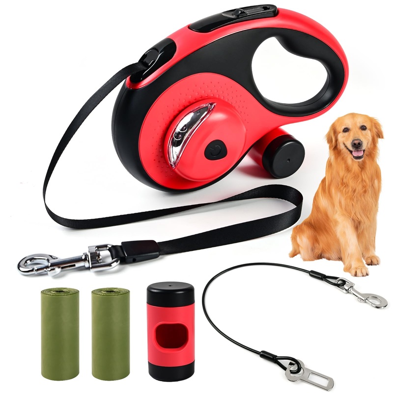 Heavy Duty Retractable Dog Leash for Large Dogs, 26ft with Chew Proof Cable, LED Light, Dispenser, 2 Poop Bags. 360 No Tangle, One Button Brake & Lock, for Dogs Up to 110Lbs. (Red, 26FT) Red