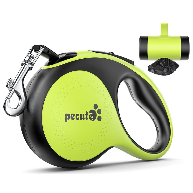 Pecute 26ft Retractable Dog Leash with Poop Bag Holder, Walking Dog Leash for heavy duty Dogs Up to 110lbs with Strong Nylon Tape, One-Button Control, 360 Tangle-Free Sturdy Long Dog Leash Large Green