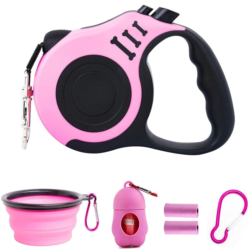PETIMP Retractable Dog Leash Lightweight 16FT Leash, with Folding Bowl,Dispenser,Waste Bags, for Small Medium Dogs(Pink) PINK