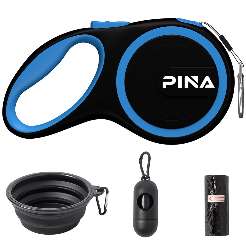 PINA Retractable Dog Leash, 26ft Dog Leash for Small Medium Large Dogs Up to 110lbs, 360 Tangle-Free Strong Reflective Nylon Tape, with Anti-Slip Handle, One-Handed Brake, Lock – Black Blue 26 ft