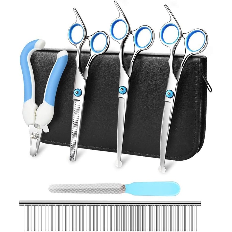 Professional Dog Grooming Scissors Kit Safety Round Tip with Dog Nail Clippers Stainless Steel Comb Thinning Scissors Curved Scissors Straight Scissors 6 in 1 Pet Grooming Set for Dogs Hair Care