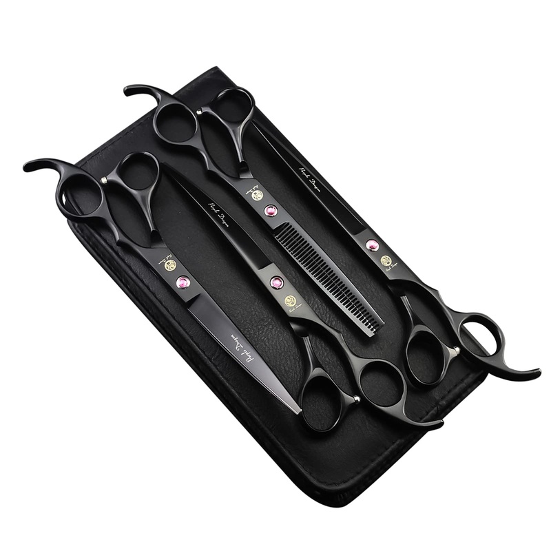 Purple Dragon Professional 7.0 inch 4PCS Pet Grooming Scissors Kit Japan Premium Steel Straight, Curved & Thinning Blade Dog Hair Cutting Shears Set with Case Matte Black