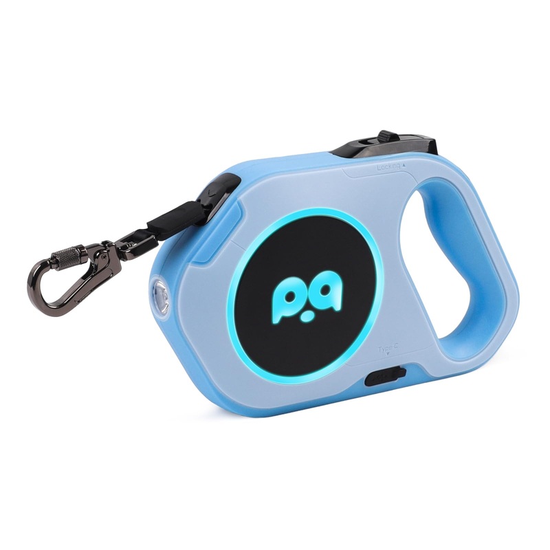 QQPETS Retractable Dog Leash with Rechargeable LED Light – 16 ft Strong Nylon Tape for Night Walks up to 88lbs Pet – 360 Tangle-Free One-Handed Brake, Pause, Lock (Blue) Blue