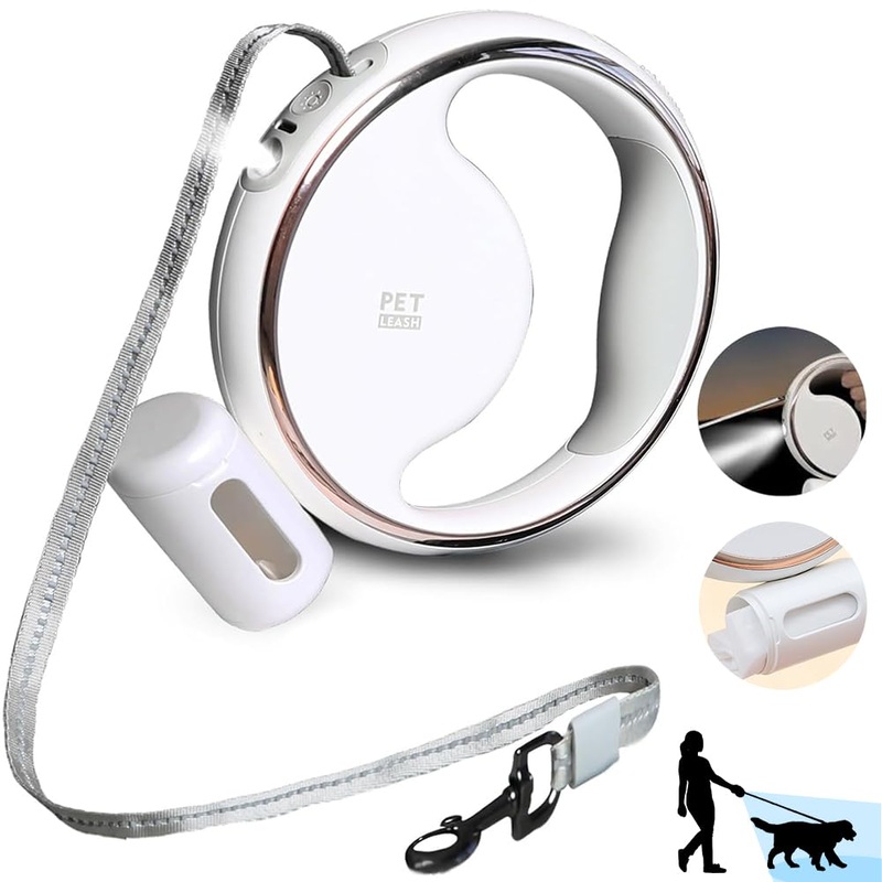 Retractable Dog Leash, 10 ft Dog Leash with Bright LED Light Poop Bag Holder, Retractable Dog Leash for Large Dogs, Anti-Slip Handle 360 Tangle-Free, Strong Nylon Tape for Small Medium Dogs (White)