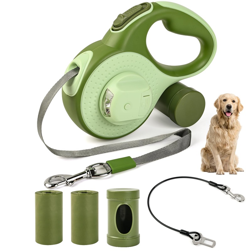 Retractable Dog Leash 16ft, 6-in-1 with Chew Proof Cable, LED Light, Dispenser, 2 Poop Bags. 360 Tangle-Free, One Button Brake & Lock, Anti-Slip Handle, for Dogs Up to 55lbs.(Green, 16ft) Green