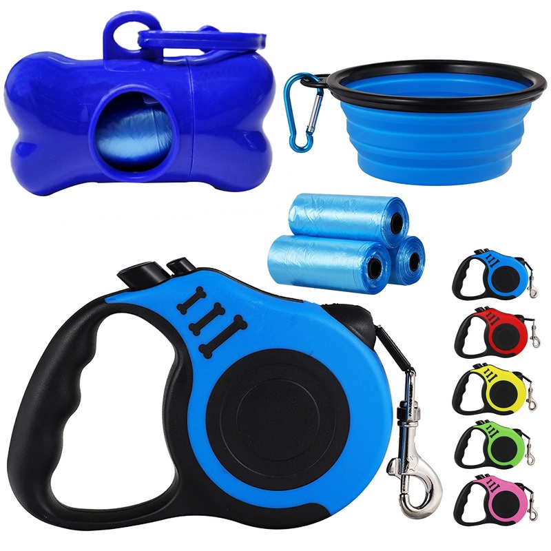Retractable Dog Leash,Heavy Duty Dog Leash Retractable,Dog Walking Leash for Small Dog or Cat up to 26 lbs,360 Tangle-Free Strong Nylon Tape,Anti-Slip Handle,with Waste Bag Dispenser(16FT Blue) 16FT