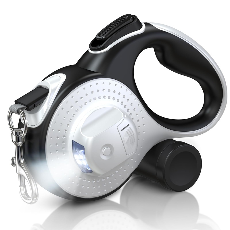 Retractable Dog Leash with Flashlight and Poop Bag Dispenser, Douexio Upgrade 4 in 1 Dog Leash Retractable for Small Medium Dogs Up to 55 lbs, Anti-Slip Handle (Black-White) Black-White