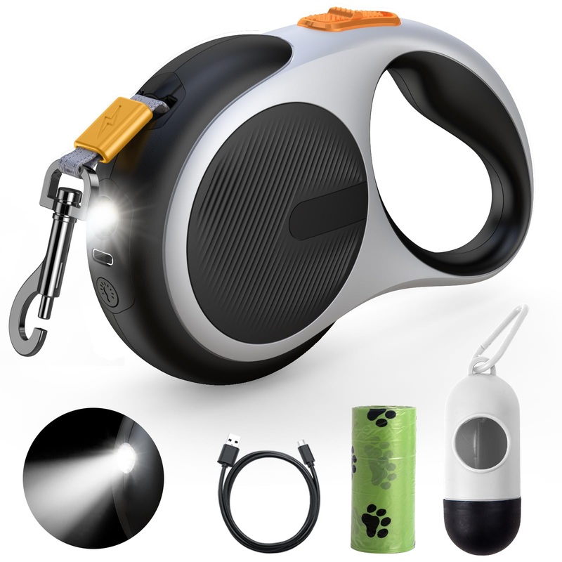 Retractable Dog Leash with LED Flashlight, Douexio Upgrade 3 in 1 Dog Leash Retractable for Small Medium Dogs Up to 66 lbs, Anti-Slip Handle (Black-White) Black-White