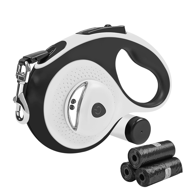 Retractable Dog Leash with Waste Bag Dispenser and Flashlight, 26ft Dog Leash for Small Medium and Large Dogs up to 110lbs, One Button Break & Lock,360Tangle Free, Soft Anti Slip Grip,White 26ft-white