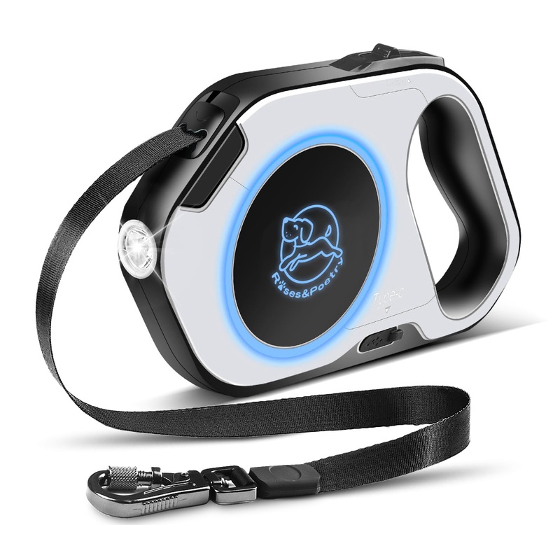 Roses&Poetry Dog Leash Retractable, 16ft Nylon Tape Lead for Dogs 88lbs, Light up Dog Leash Rechargeable 360Tangle-Free, One-Handed Brake, Pause, Lock Black PUPPY PATTERN