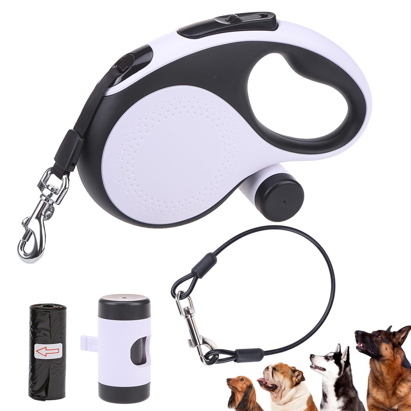 SCENEREAL Retractable Dog Leash for Small Medium Large Dogs up to 110lbs, 26ft 360 Tangle-Free Nylon Tape with Anti-Chewing Wire Rope&Waste Bag Dispenser, Heavy Duty Long Durable One-Handed Brake White