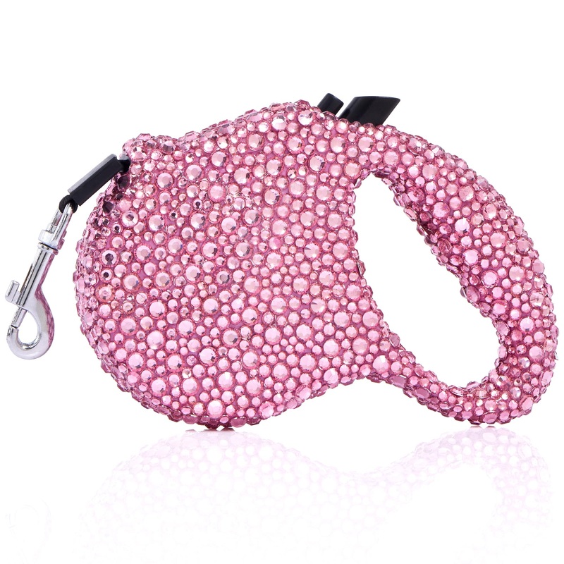 Sparkle Retractable Dog Leash,Pink Rhinestone Pet Walking Leash for Small Medium Dog Cat,Bling Small Puppy leash,Durable 16 ft Strong Nylon Tape,360Tangle-Free,One-Handed Brake, Pause, Lock