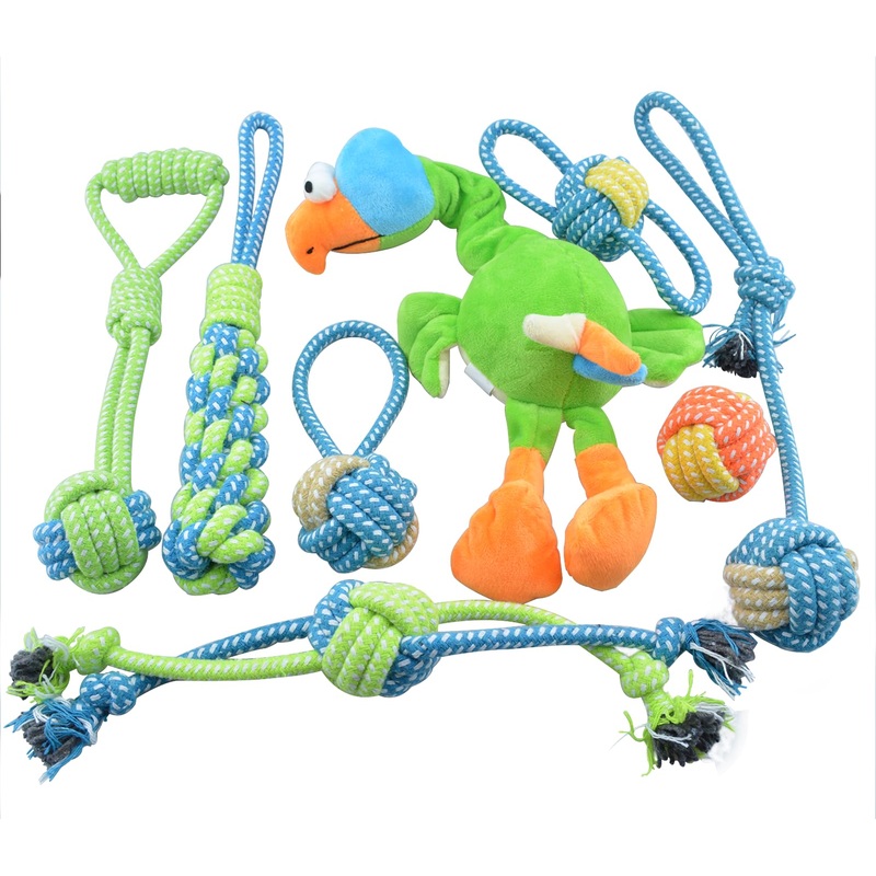 Squeaky Indestructible Small Dog Toy Pack Tug of War Rope Chew for Teething Balls Bones(Green) Green