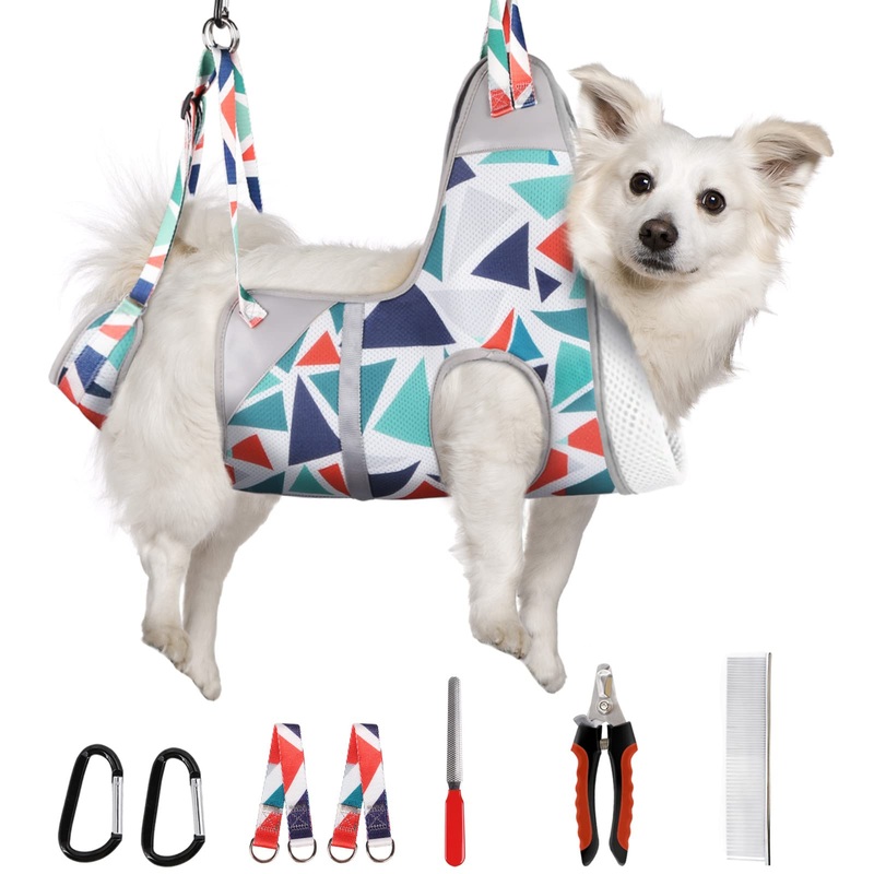 Supet Dog Grooming Hammock Harness for Cats Dogs, Relaxation Pet Grooming Hammock Restraint Dog & Small Animal Leashes Sling for Grooming Dog Grooming Helper for Nail Trimming Clipping Grooming M Legs Spacing9″-12.5″ / Max W50LBS  Grey