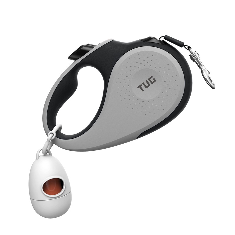 TUG 360 Tangle-Free Retractable Dog Leash with Waste Bag Dispenser (Small, Grey) Small