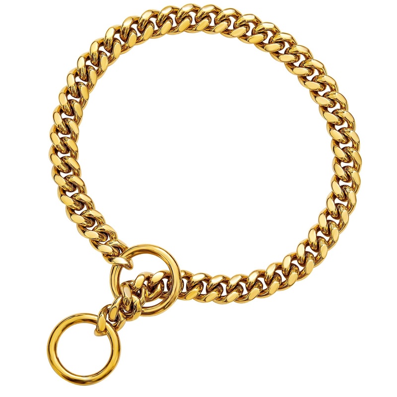 18K Gold Chain Dog Collar 10MM Cuban Link Chain Stainless Steel Metal Links Walking Training Collar for Small Medium Large Dogs 10in to 30in 22″ (Neck Fits 18″-20″) 18K Gold