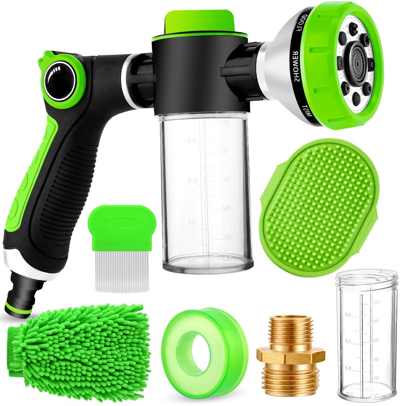 2-in-1 Dog Shower Attachment for Indoor Shower Hose & Outdoor Garden Hose, 8 Sprayer Modes Pup Jet Dog Wash Hose Attachment with Soap Dispenser, Ideal for Car Wash and Pet Shower(Hose Not Include)