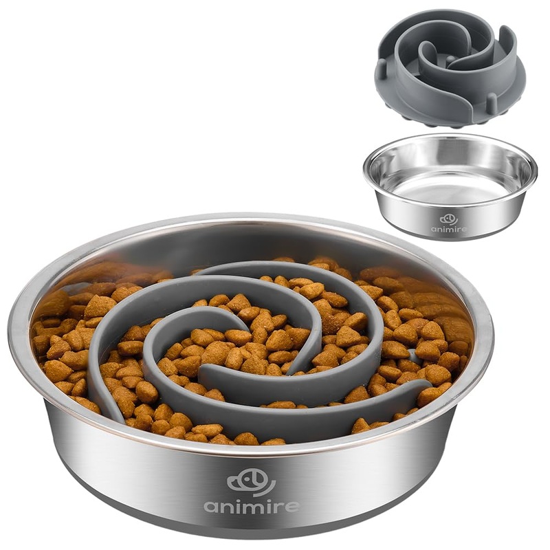 2-in-1 Metal Dog Bowl with Slow Feeder Insert, Stainless Steel Dog Bowls Food Grade 304, Water Food Bowl with Anti-Slip Silicone Base for Small, Medium, Large Dogs 3 Cup Grey
