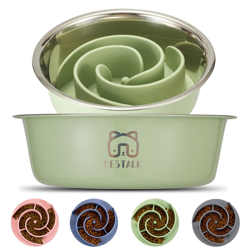 2-in-1 Metal Slow Feeder Dog Bowl, Bestalk Stainless Steel Dog Bowls with Silicone Slow Feeder Insert, Food Grade 304 Water Food Bowl with Anti-Slip Base for Small, Medium, Large Dogs 1.5 cups Green