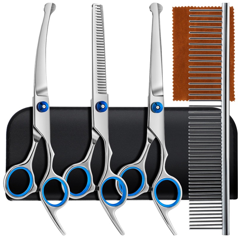 5 in 1 Professional Dog Grooming Scissors, 4CR Stainless Steel Set, Grooming Scissors for Dogs with Safety Round Tip, Upgraded Heavy Duty Titanium Coated Pet Grooming Scissor for Dogs, Cats and Other