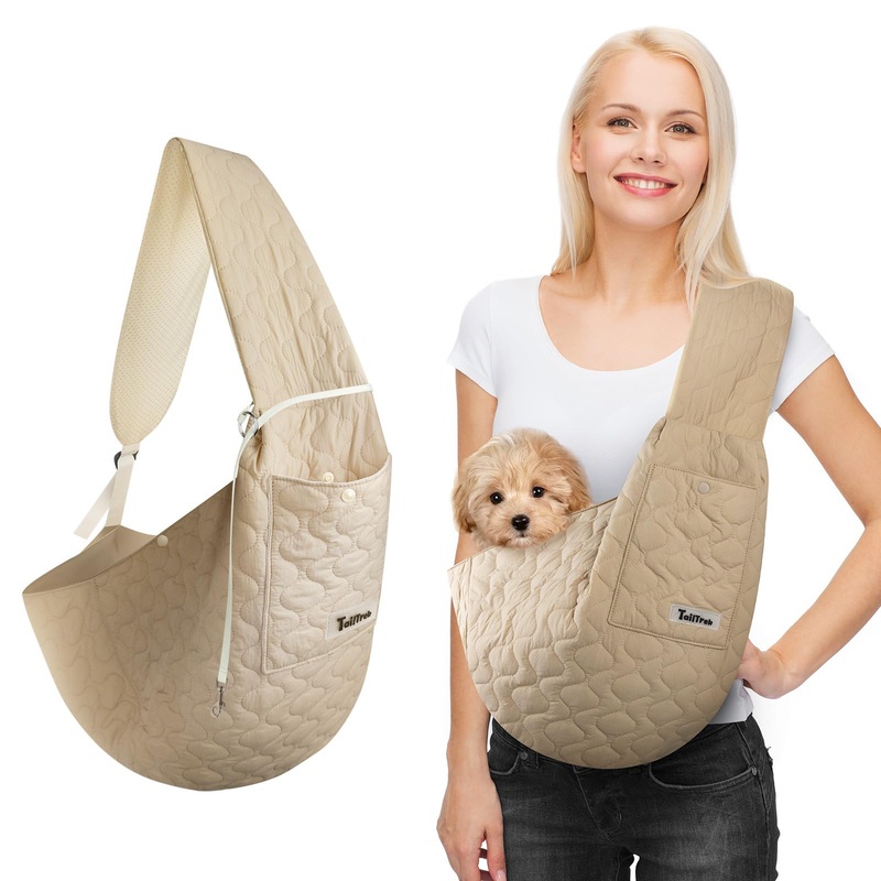 Dog and Cat Sling Carrier, Hands Free Pet Carriers Bag, Padded Adjustable Pet Soft Carrier with Adjustable Shoulder Strap, Travel Safety Harness Machine Washable for Small Dogs Cats Outdoor Khaki