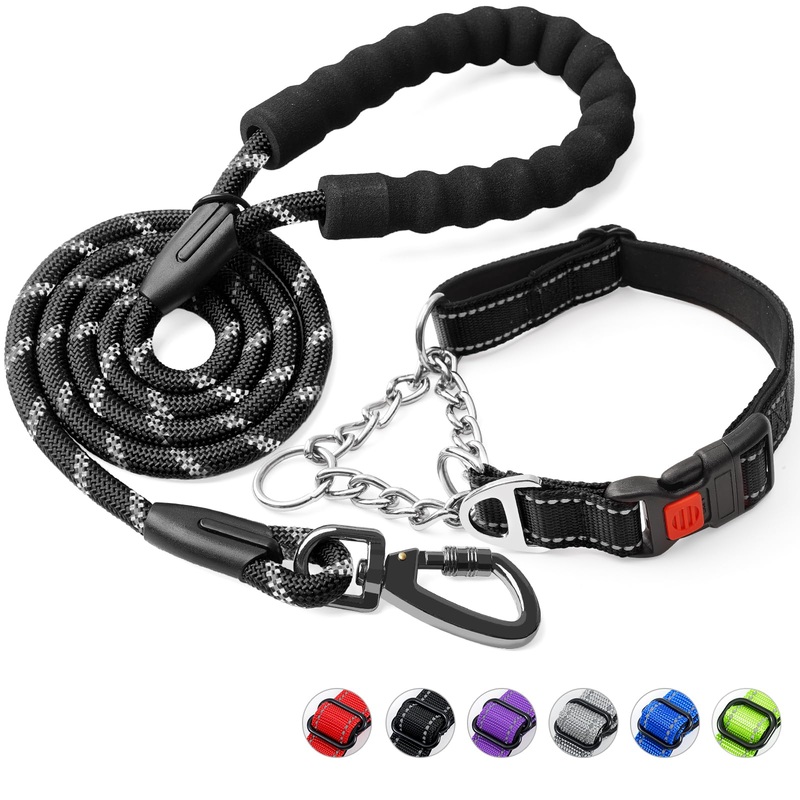 Dog Collar and Leash Set,Martingale Dog Collar with Quick Release Buckle,Reflective Dog Leash & Adjustable No Pull Dog Collar with Soft Breathable Neoprene Padded for Small Medium Large Dogs L(17″-21″,5ft) BLACK