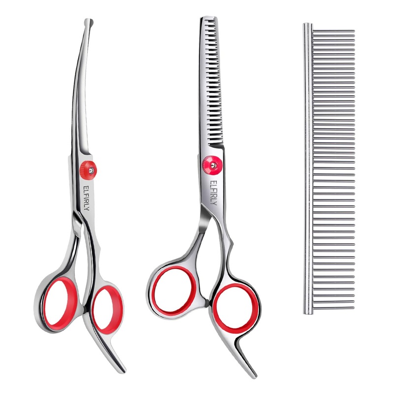 Dog Grooming Scissors Set with Safety Round Tip (2 Pack – Curved Scissors Thinning Shears for Grooming) Pet Grooming Shears with Grooming Comb for Dogs and Cats Red