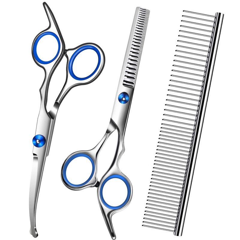 Dog Scissors for Grooming with Safety Round Tip,Dog Grooming Kit,Dog Shears Set,Incude Thinning,Curved Grooming Scissors and Comb for Pets.Suitable for The Right Hand Blue 3 in 1