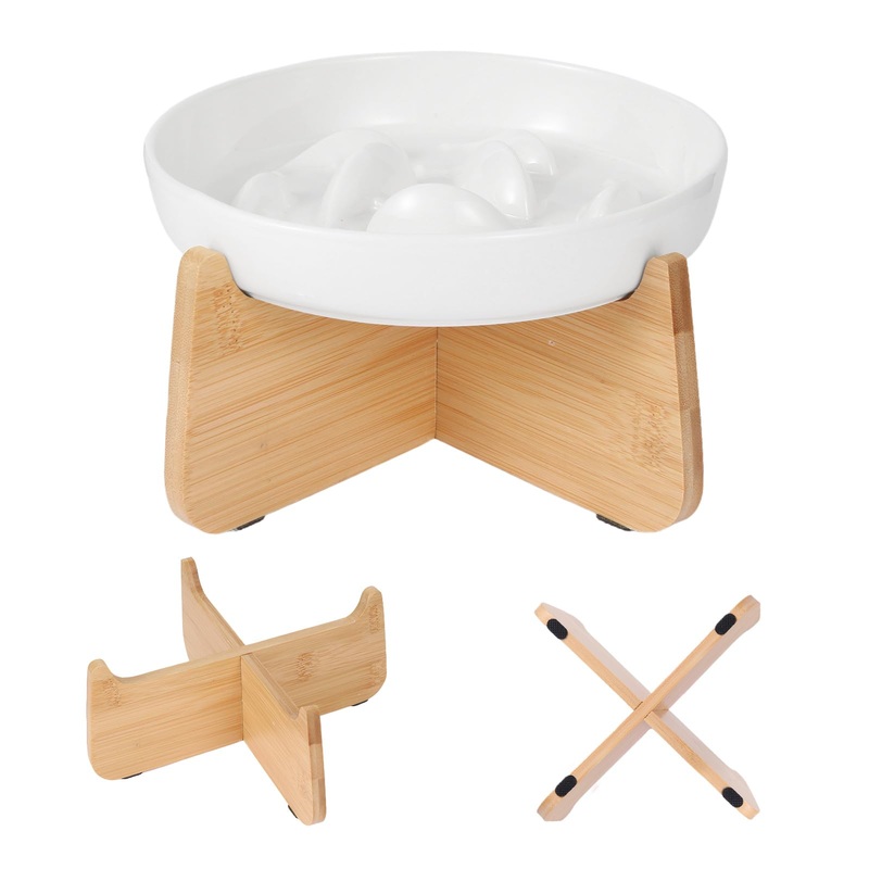Elevated Ceramic Slow Feeder Cat Bowl with Fish Pool Design, High-Edged Anti-Vomiting Puzzle Feeder for Dry and Wet Food, Promoting Healthy Diet (White) 01-White
