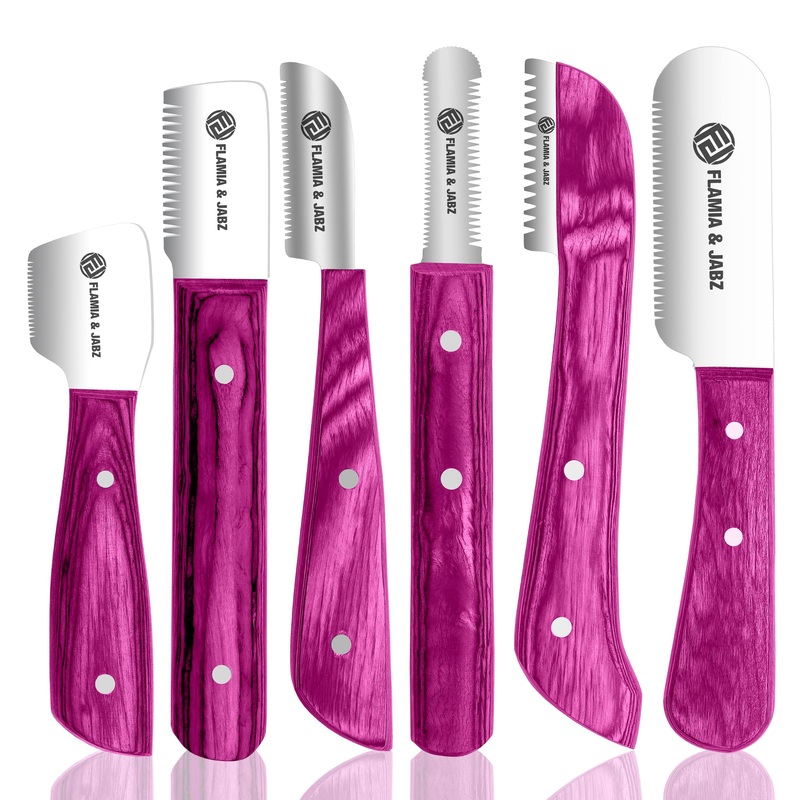 FLAMIA & JABZ FJ Professional Stripping Knife kit (6 pieces set) for Dogs & Pets, Wooden Handle Grip with Stainless Steel Blade (Right handed) (Pink) Pink
