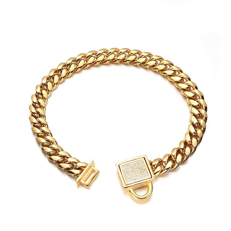 Gold Dog Chain Collar 10mm Wide Cuban Link Puppy Collar 316L Stainless Steel with CZ Diamond Lock Bling Collar for Large Medium Small Dogs(10mm Gold,12inches) Gold, width 10mm 12inch (for 9.6”~11.5” dog’s neck)